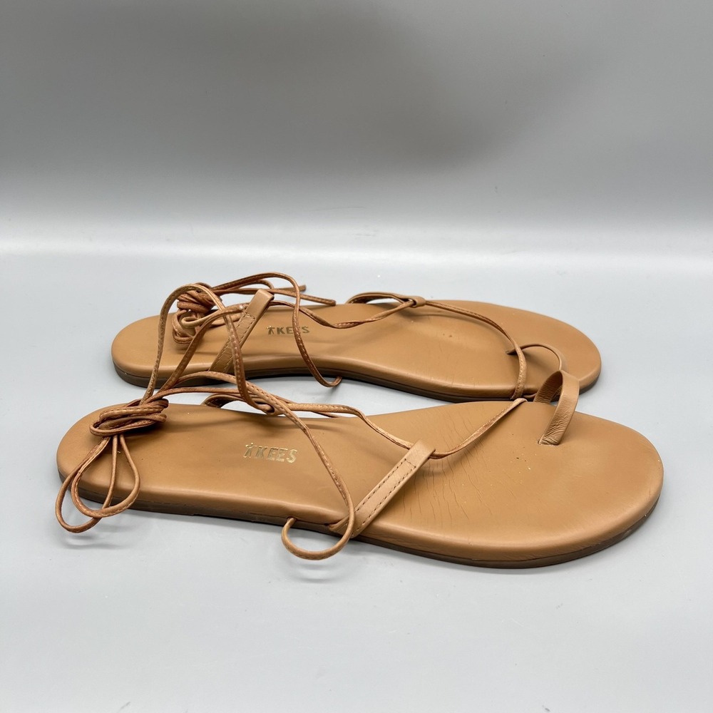 TKEES Sandals Womens 9 Beige Leather Strappy Thong Lace Up Jo Sandals